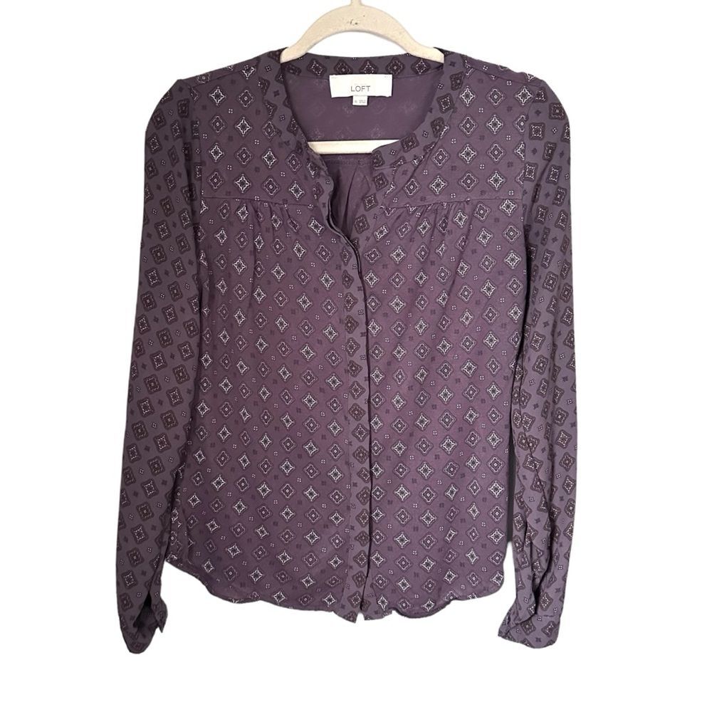 Loft Womens Sz XS Purple Button Down Blouse Medallion Foulard Print Geometric